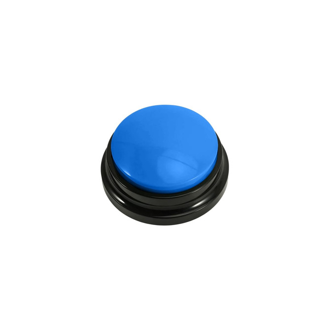 A button with a large blue top and a black base, featuring a logo on the underside.