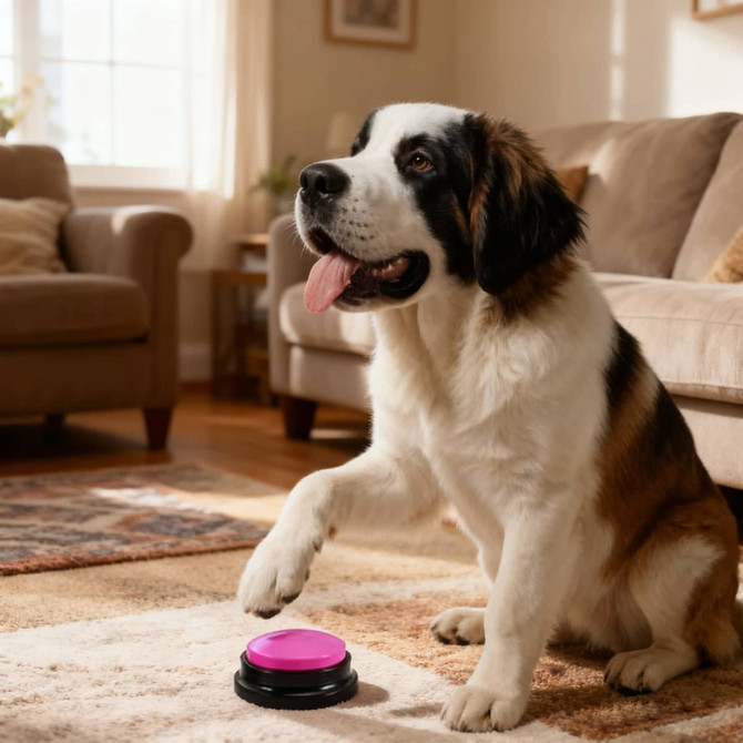 A large, fluffy St. Bernard dog sits on a carpet, pawing at a pink voice recording button on the floor.