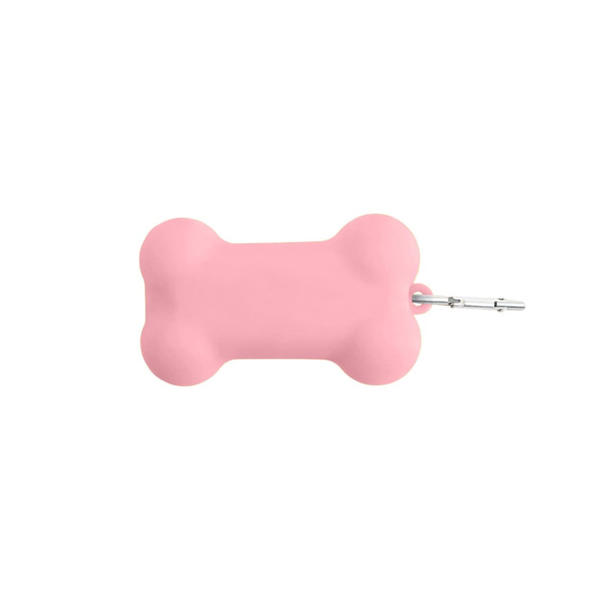 A pink silicone dog poop bag dispenser in a bone shape, featuring a clip for easy attachment.