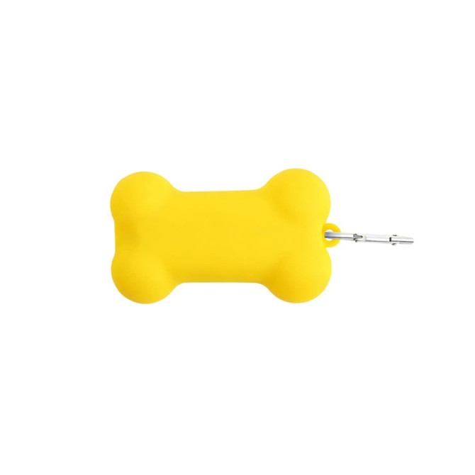 A yellow silicone bone-shaped dog poop bag dispenser with a metal clip.