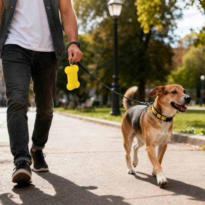 A yellow silicone bone-shaped dog poop bag dispenser hangs from a person's hand while walking a dog in a park.