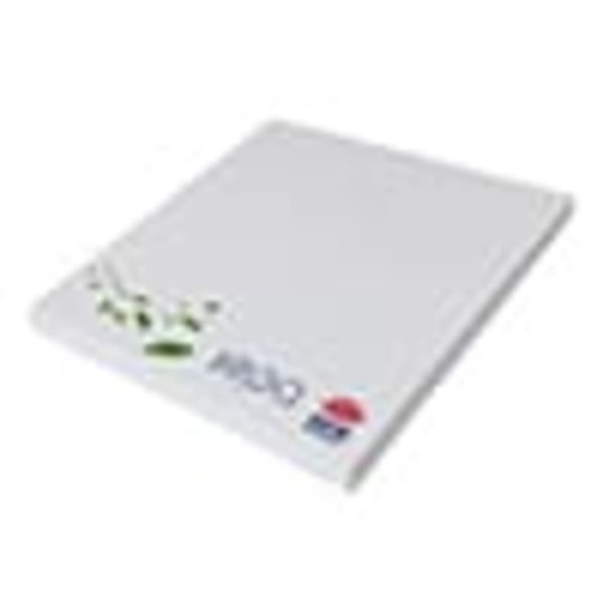 A white sticky note pad with a decorative leaf design and branding in one corner.