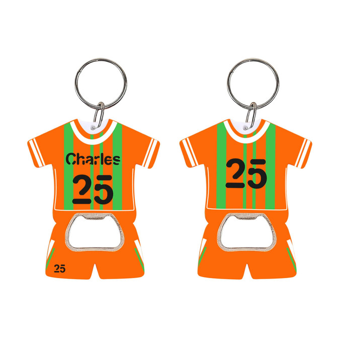 A drink bottle opener keyring featuring an orange sports jersey design with green stripes and a metallic opener at the bottom.