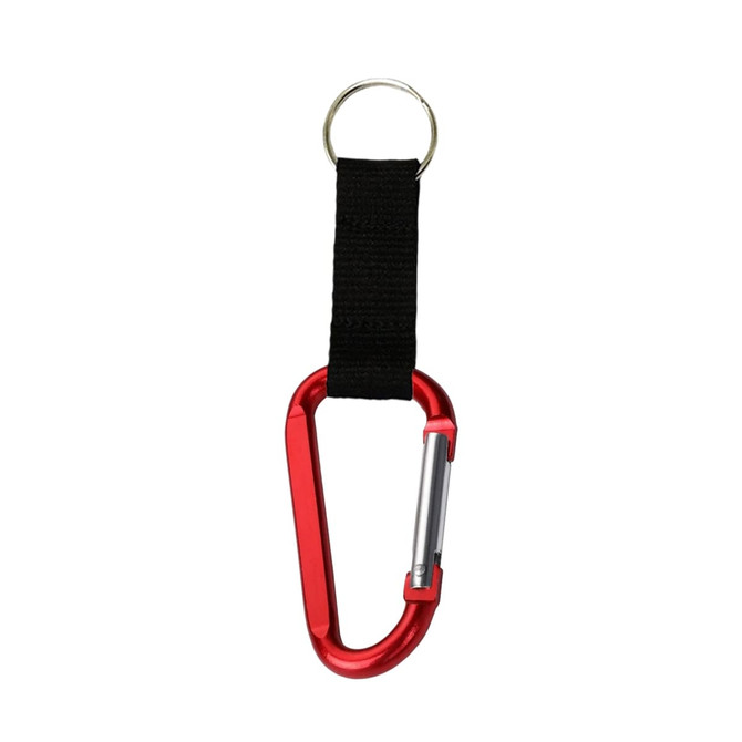 A red carabiner keychain with a black fabric strap and a metal keyring attachment. Features a logo.