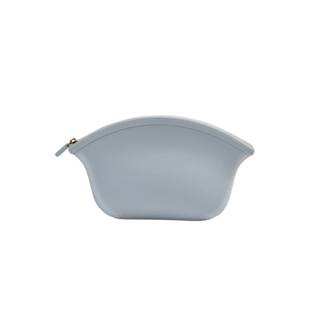 A light blue silicone cosmetic bag with a rounded shape and gold zipper. It features a logo on the side.