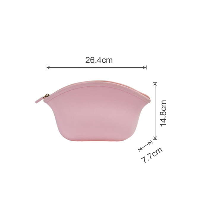 A pink silicone cosmetic bag with dimensions of 26.4cm x 7.7cm x 14.8cm, featuring a zip closure.