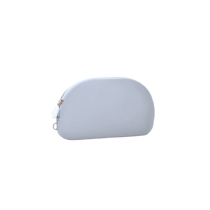 A grey silicone organiser pouch with a rounded shape and zip closure, featuring a small tag.