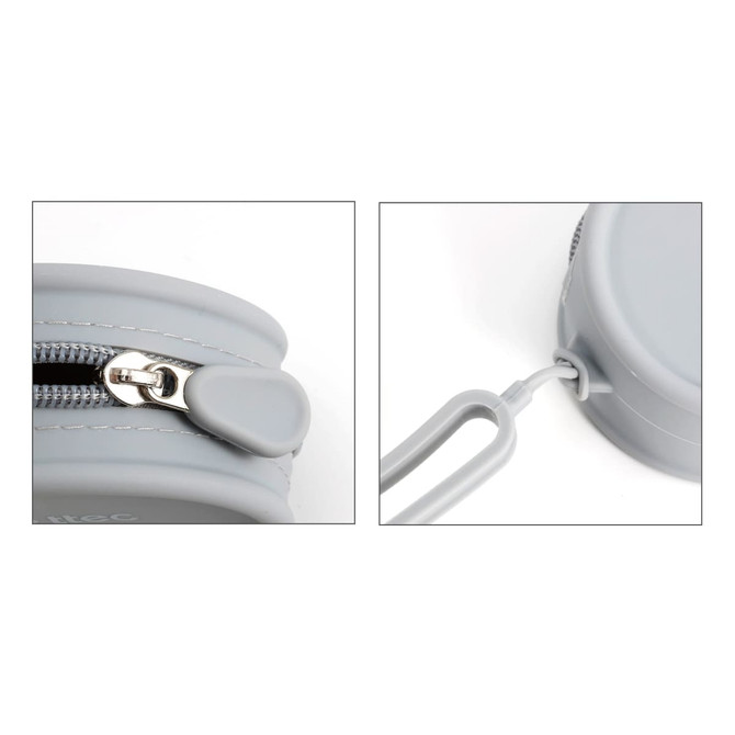 A round grey silicone coin pouch featuring a zip closure and a small attachment loop.