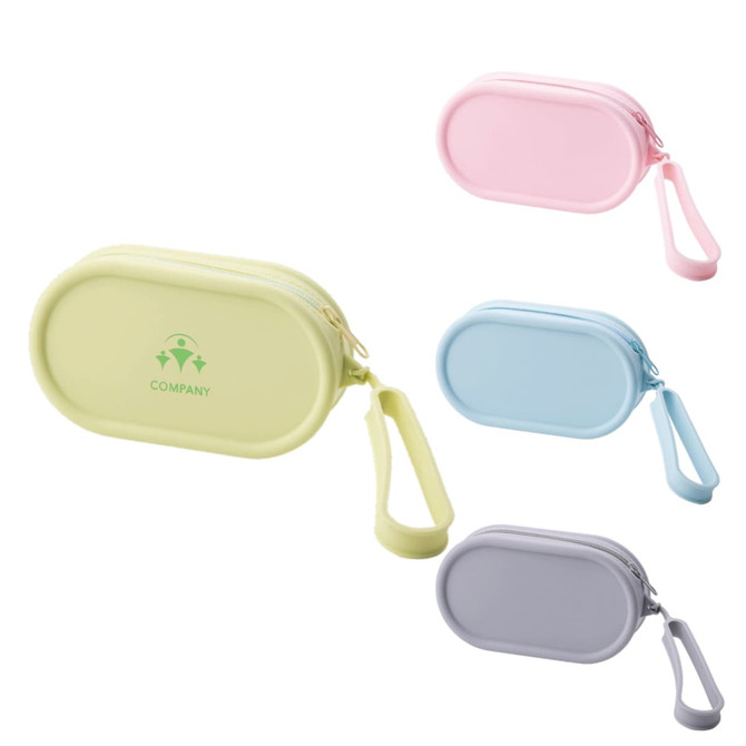 A set of four round silicone storage bags in pastel pink, blue, green, and grey, with a logo on one bag.