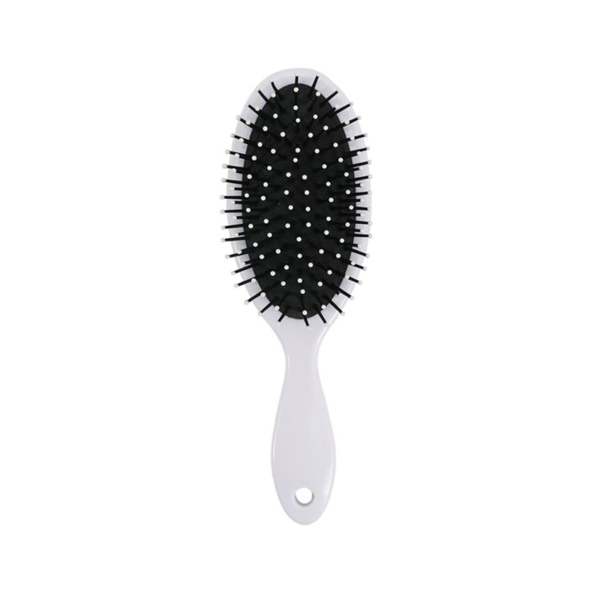 A white-handled hair brush with a black bristle pad and white bristles, featuring a logo on the handle.