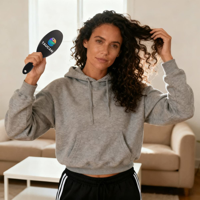 A woman with curly hair holds a black hair brush with a logo, wearing a grey hoodie in a bright room.