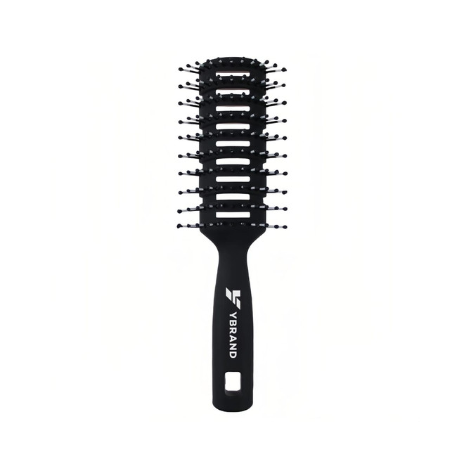 A black hair brush with a vented design and plastic bristles, featuring a logo on the handle.