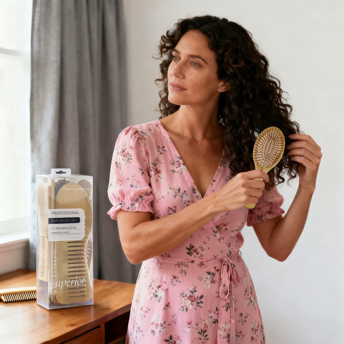 A bamboo comb hair styling tool is displayed with a woman brushing her curly hair, wearing a pink floral dress.