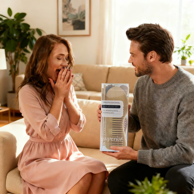 A bamboo comb hair styling tool in a gift box is being presented by a man to a surprised woman.