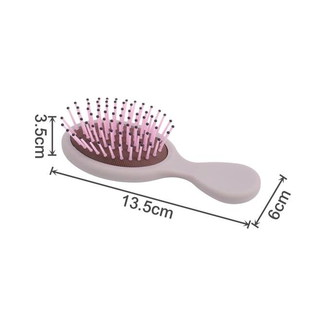 A mini paddle brush in soft pink and grey, featuring a rounded handle and flexible bristles.