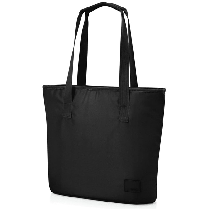 A black tote bag with two handles and a structured design, featuring a logo on the front.