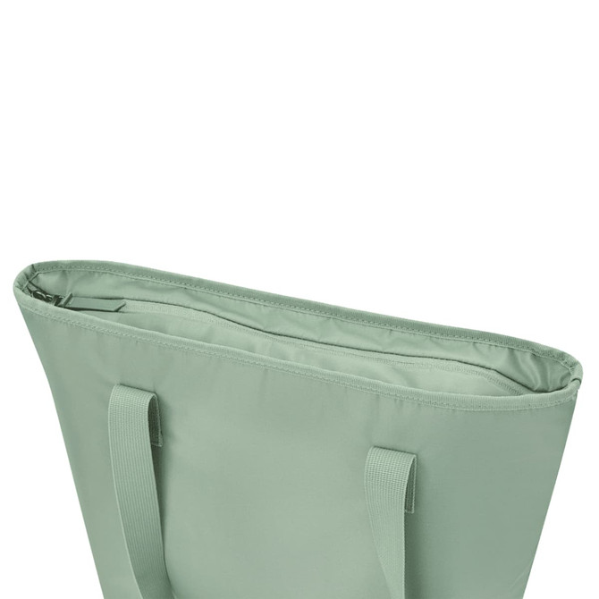 A mint green tote bag with two shoulder straps and an open top, featuring a simple design.