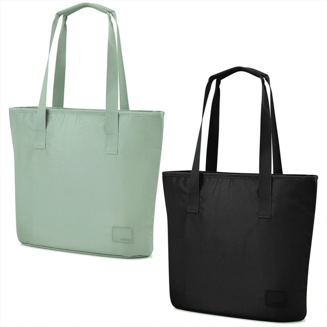 A mint green tote bag and a black tote bag, both featuring sturdy handles and a branding logo.