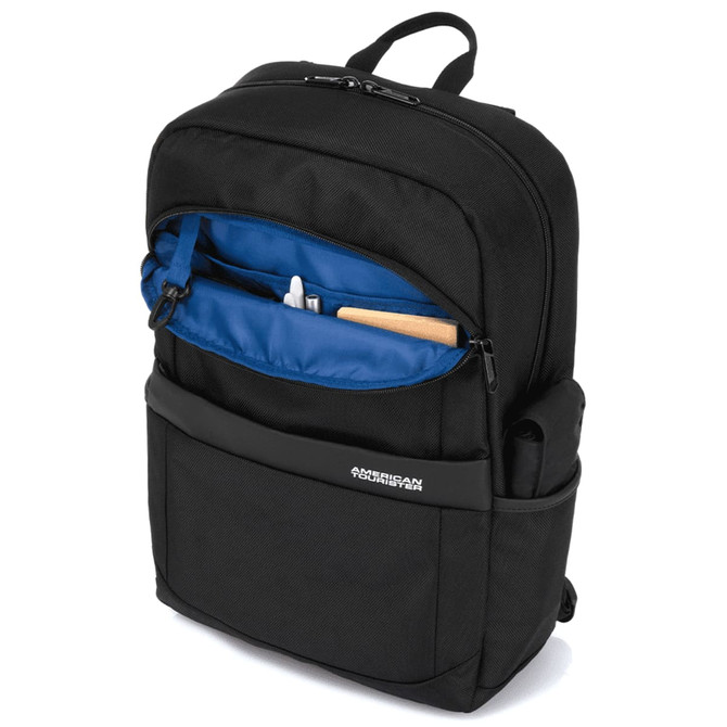 A black backpack featuring multiple compartments, including a blue-lined interior and various pockets.