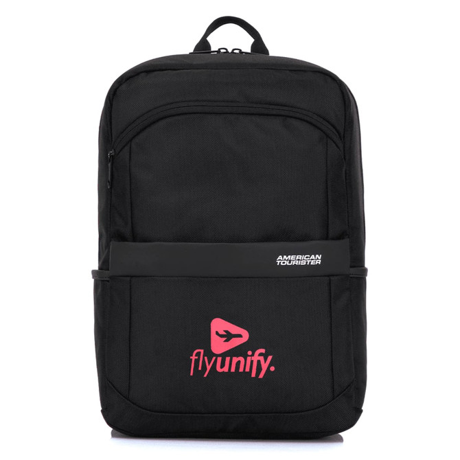 A black backpack with a front pocket, featuring a logo and branding in pink and grey.