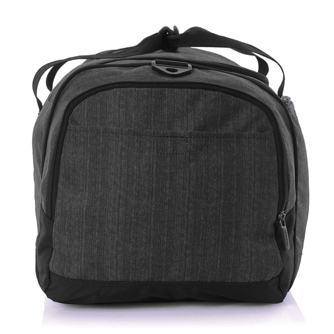 A duffle bag in a grey and black colour scheme with multiple compartments and a carrying strap.