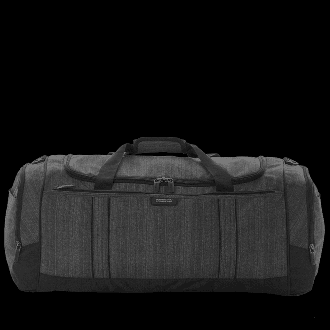 A grey duffle bag with a zip closure and multiple pockets, featuring handles and a logo.