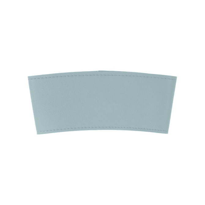 A leather cup sleeve in a light blue colour, featuring stitched edges and a smooth finish. It has a logo.