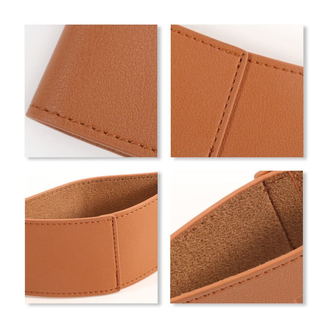 A leather cup sleeve in a warm tan colour, showing multiple angles and textural details. It features a logo.