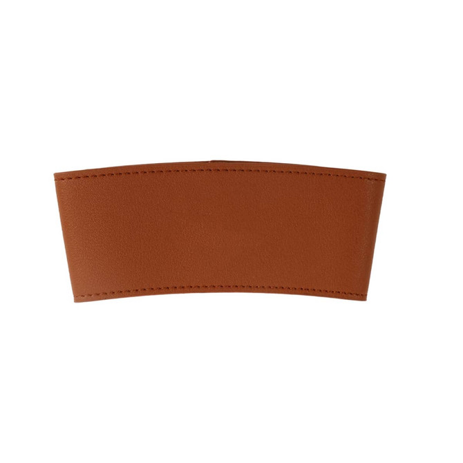 A brown leather cup sleeve with stitched detailing and a smooth finish.