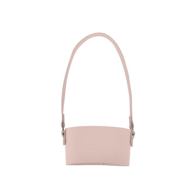 A drink bottle holder in soft pink leather with a strap and metal attachments. No visible logos or branding.