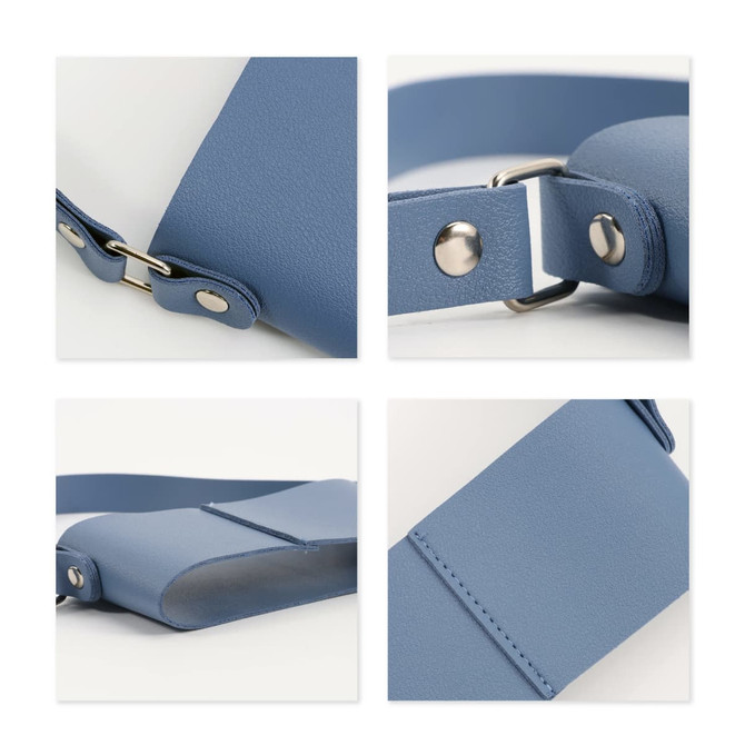 A drink bottle holder in a light blue leather design, featuring metal fasteners and a shoulder strap.