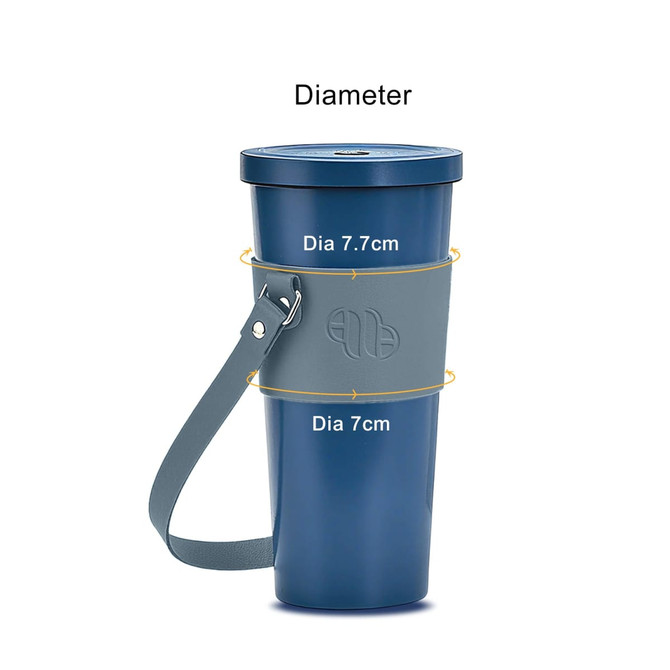 A drink bottle holder in navy blue with a grey strap, featuring a logo and measurements for diameter.