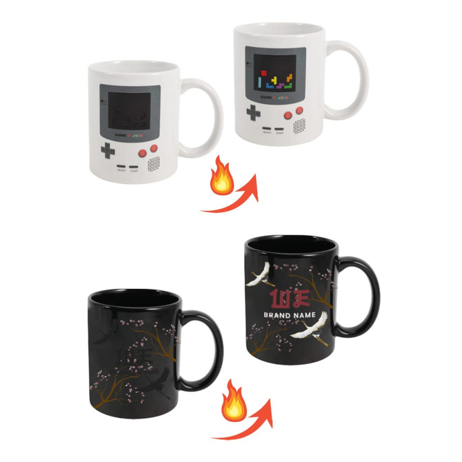 A heat sensitive colour changing mug, featuring a white Game Console design and a black floral design that reveals colours when heated.