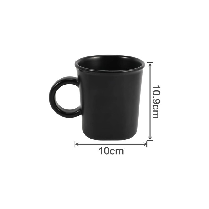 A black ceramic coffee mug with a round handle, measuring approximately 10.9 cm in height and 10 cm in diameter.
