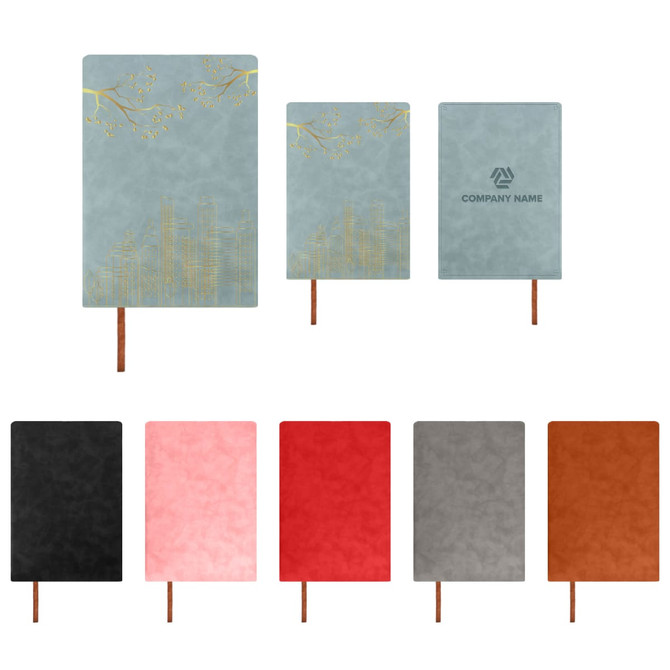 A collection of Soft PU Leather Notebooks in various colours including blue, pink, red, black, and brown, featuring a logo.