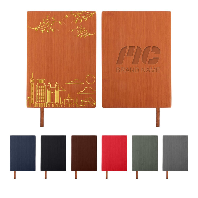 A5 PU leather notebook featuring a range of colours, with decorative designs and a logo on the cover.