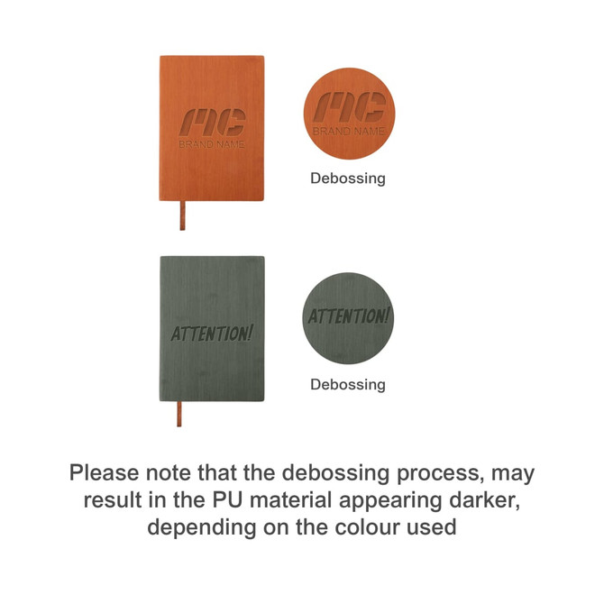 A5 PU leather notebook in orange and grey, featuring debossed designs on the front cover. Includes a ribbon bookmark.