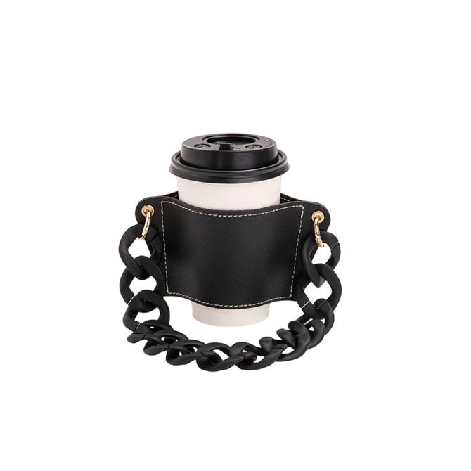 A drink bottle holder in black leather with a chunky acrylic strap, featuring a circular cutout for the bottle.