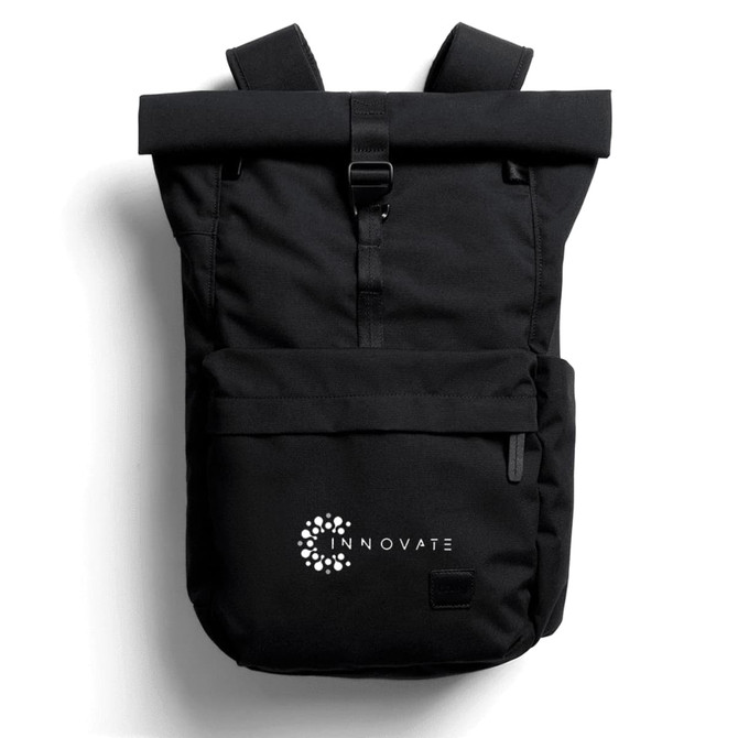A black rolltop backpack featuring adjustable straps and a front pocket. It has a logo on the front.