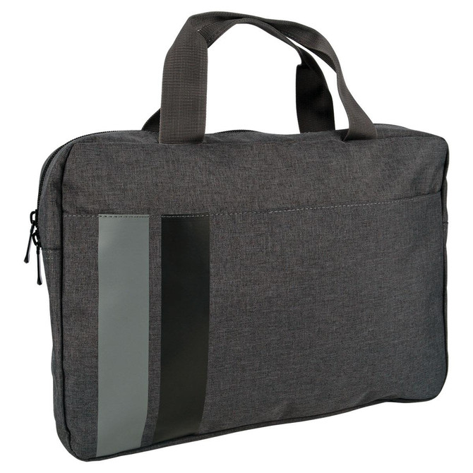 A grey satchel-style bag with handles, featuring a sleek design and a logo on the front.