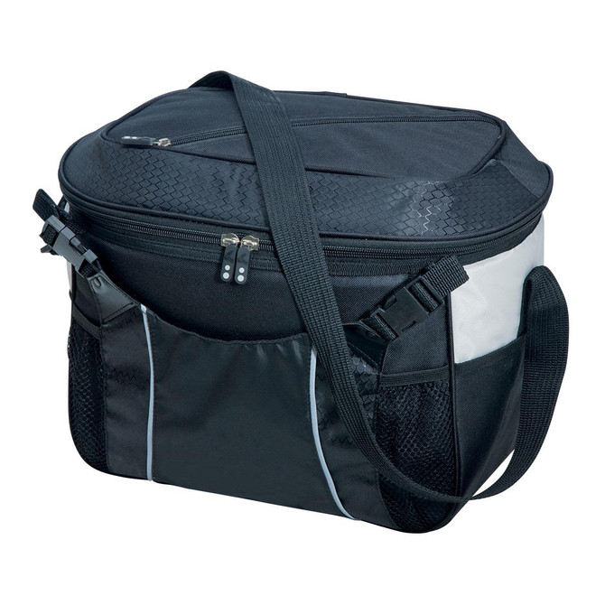 A black and grey cooler bag with a strap, featuring mesh pockets and a zippered top. It has a logo on the side.