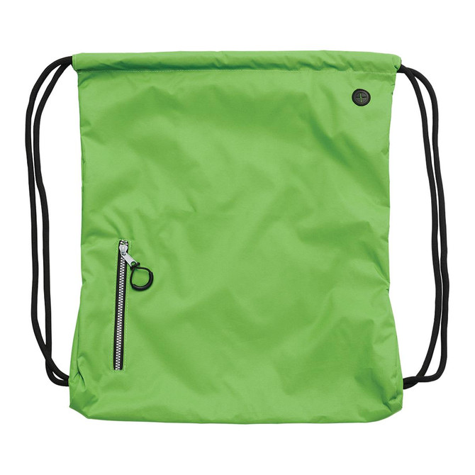 A green drawstring bag with a side zip pocket and black drawstrings, featuring a small logo.