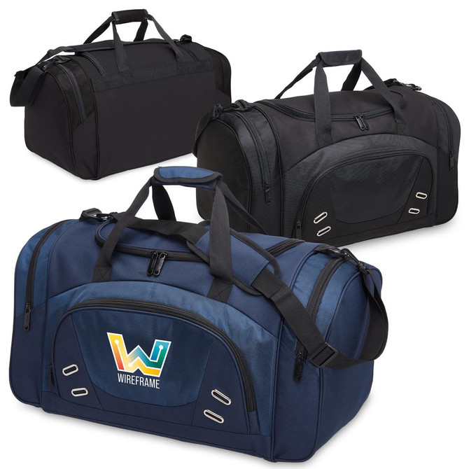 A collection of three duffle bags in black and navy, featuring various zippered compartments and logos.