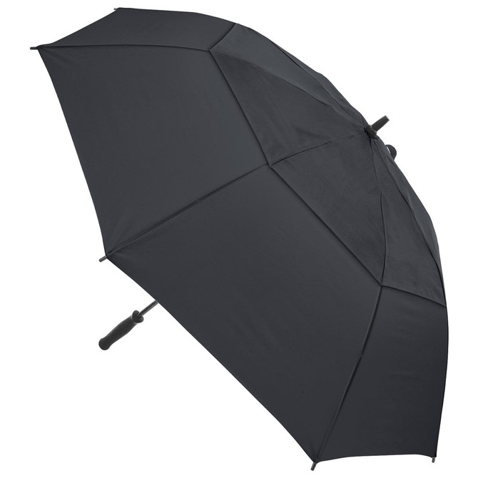A black umbrella with a straight handle and a simple design. It features a logo on the handle.