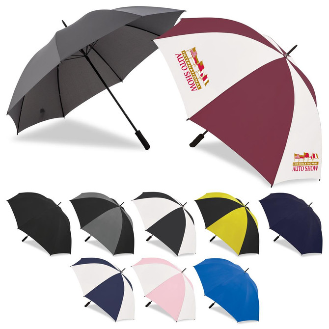 Two umbrellas in black and maroon/white, along with eight additional umbrellas in various colours including yellow and pink.