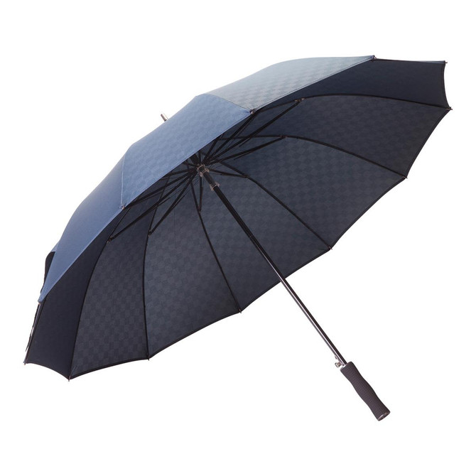An umbrella with a checkered pattern in shades of navy and black, featuring a black handle and frame.