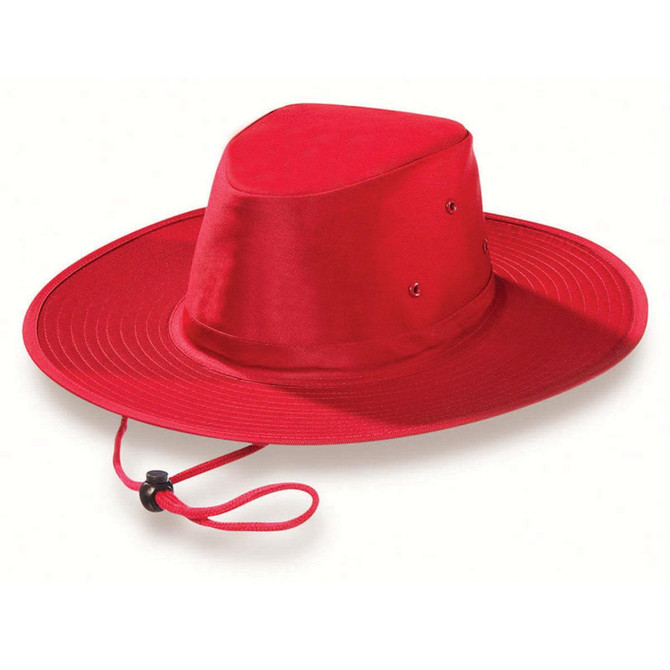 A red Poly Viscose Slouch Hat with a wide brim and an adjustable chin strap, featuring ventilation holes.