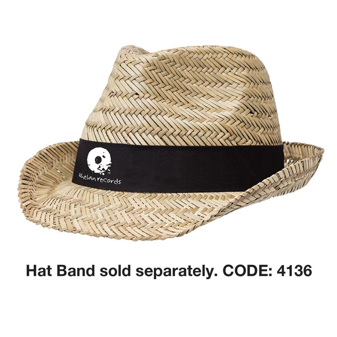 A straw fedora hat featuring a black band, displaying a logo on the band.