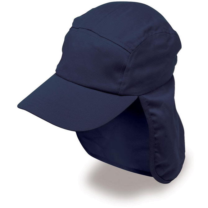 A navy blue Poly Viscose Legionnaire hat with a wide brim and neck flap, featuring a logo.