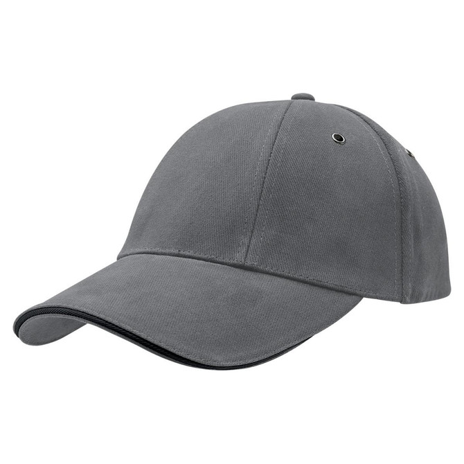 A grey rotated sandwich peak cap featuring embroidered eyelets and a curved brim. It includes a logo.